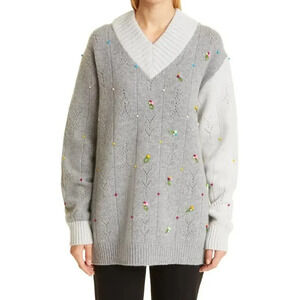 New YANYAN Rosie Oversize Pointelle Embellished Lambswool Sweater Sz XS #1K405